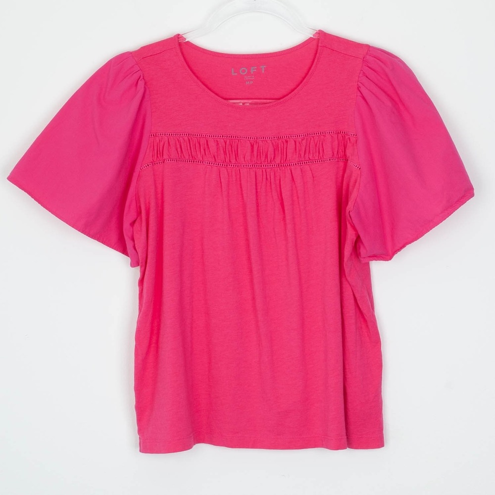 LOFT Pink Ruffle Sleeve Smocked Front Knit Top Womens Size M Petite Work Casual